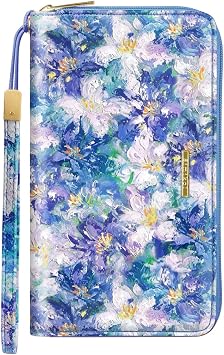 Large Capacity Wallets for Women RFID Blocking Leather Zip Around Phone Purse Ladies Travel Credit Card Clutch with Wristlet, Blue Flowers