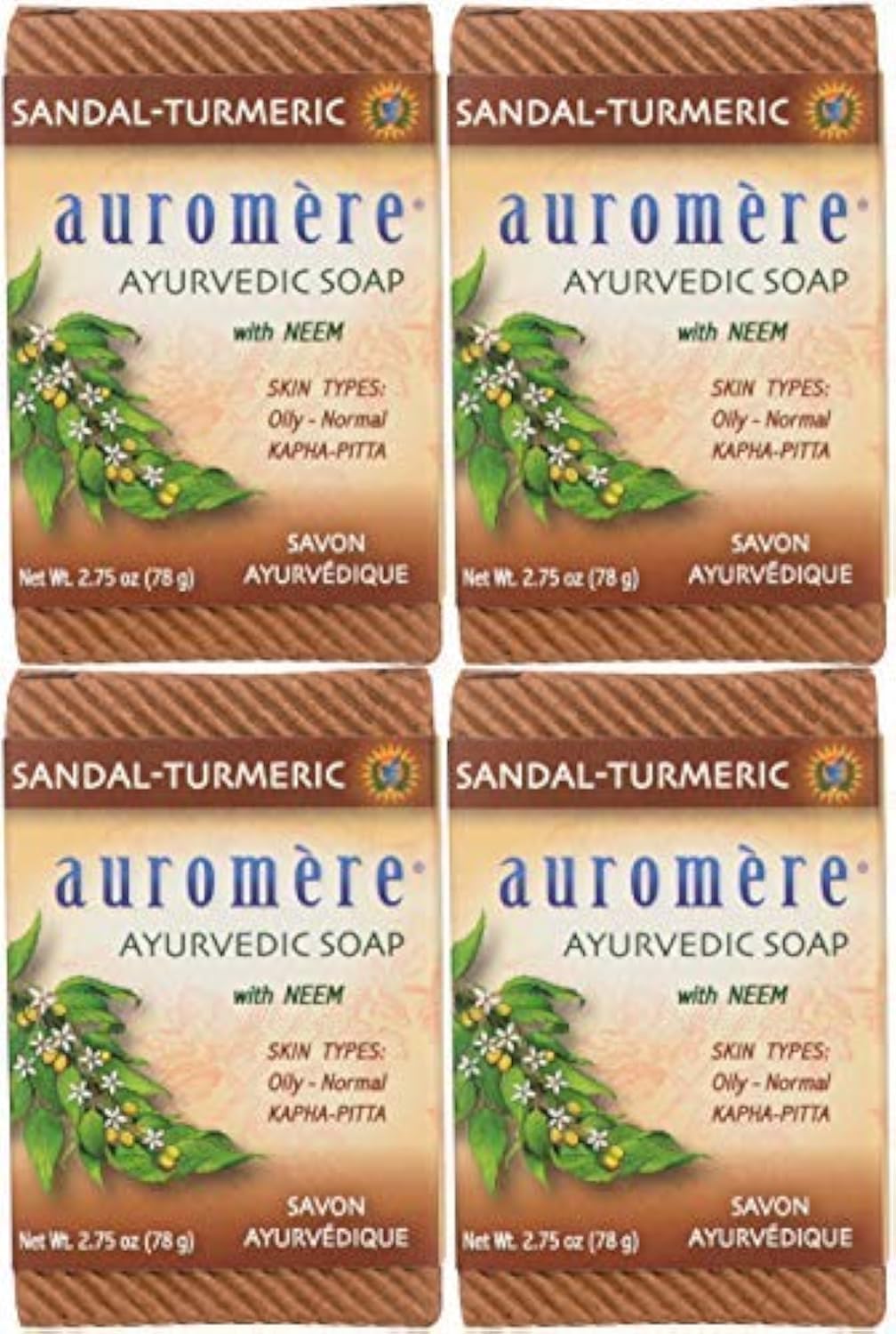 Auromere Ayurvedic Bar Soap, Sandal Turmeric - Eco Friendly, Handmade, Vegan, Cruelty Free, Natural, Non GMO (2.75 oz), 4 pack