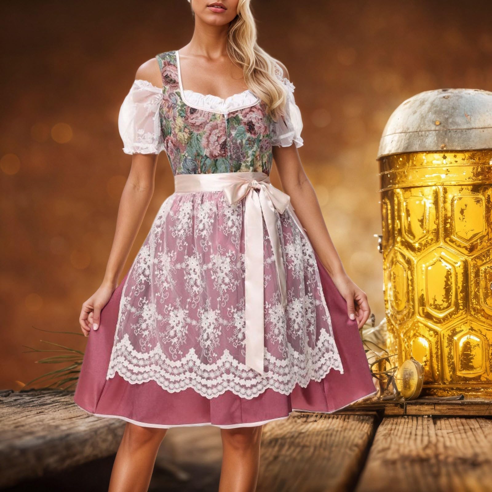 Generisch Dirndl Damen Kostüm Oktoberfest Kleid Spitze-Detail Karneval Maxi Bierfest Dresses Party Blumenmuster Wiesn Schürze Spitzenschürze Festlich Schleife Elegantes Dirndlkleid Knielang