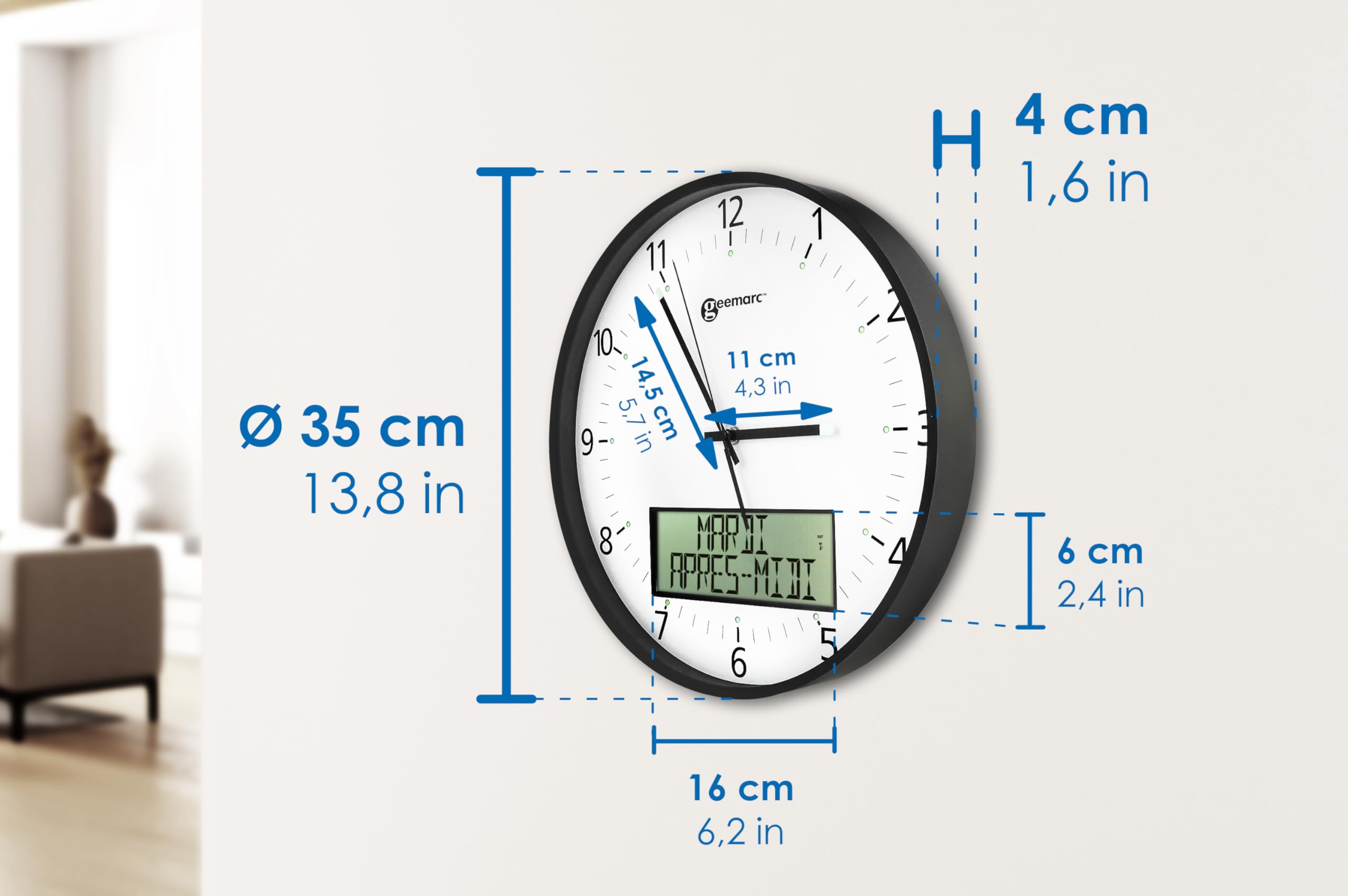 Geemarc Große analoge Wanduhr mit ewigem Kalender – Die Viso 60 stellt Sich selbst auf die richtige Uhrzeit EIN – Starker Farbkontrast für Sehbehinderte und Senioren – Weiß