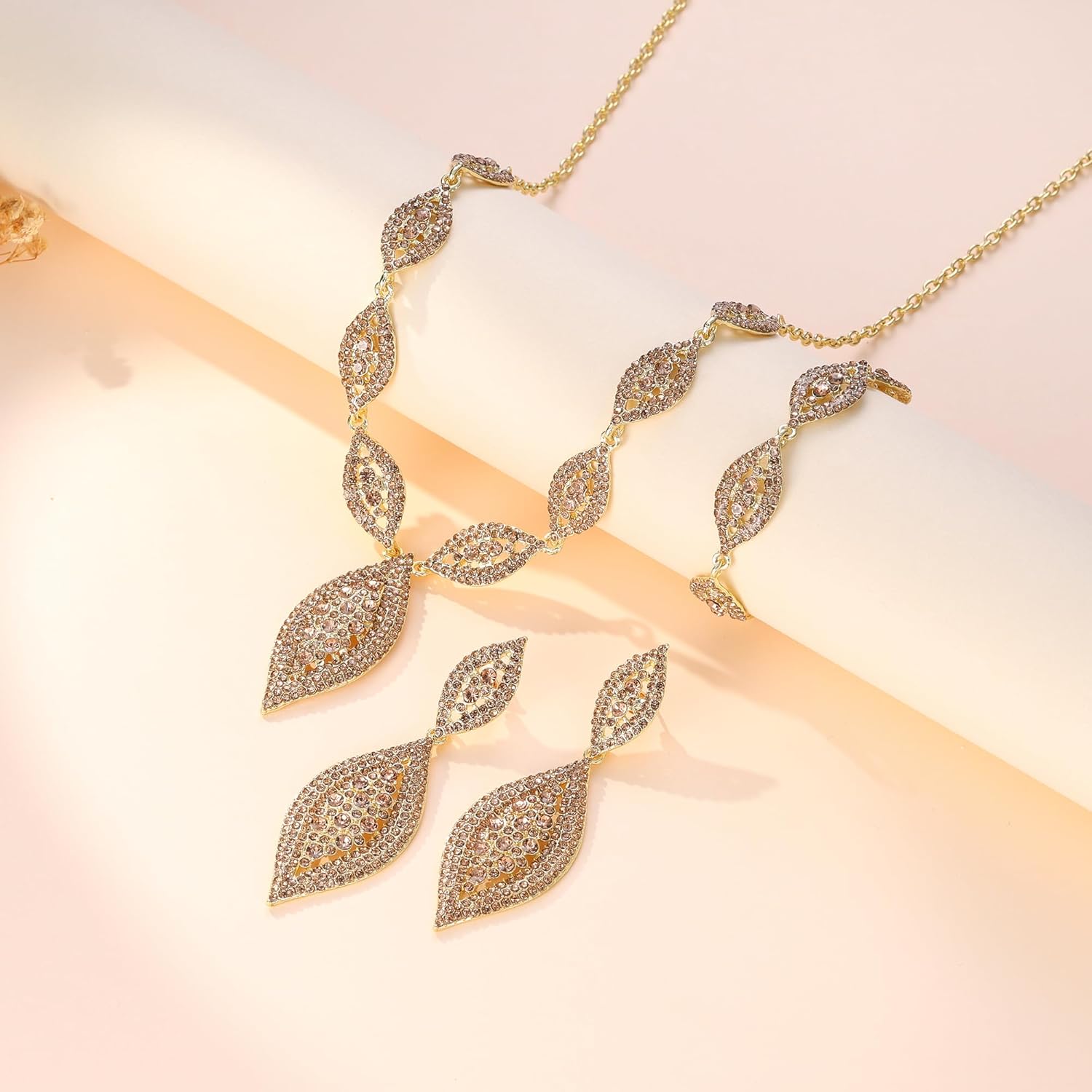 Flyonce Wedding Jewelry Set Rhinestone Crystal Bridal Leaf Necklace Drop Dangle Chandelier Earrings Sets for Women - Image 4