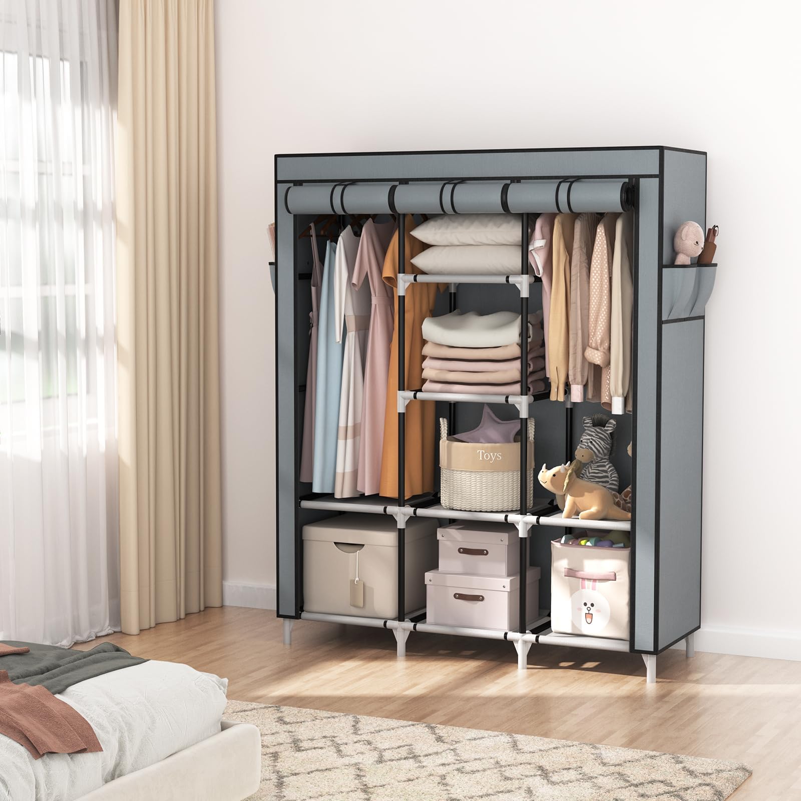 Vicye Armario de Tela para Ropa Plegable, Organizador Ropero con 2 Barra para Colgar, 8 Estantes y 4 Bolsillos Laterales, Marcos Metálicos, Gran Capacidad (Gris 124 x 42 x 162 cm)