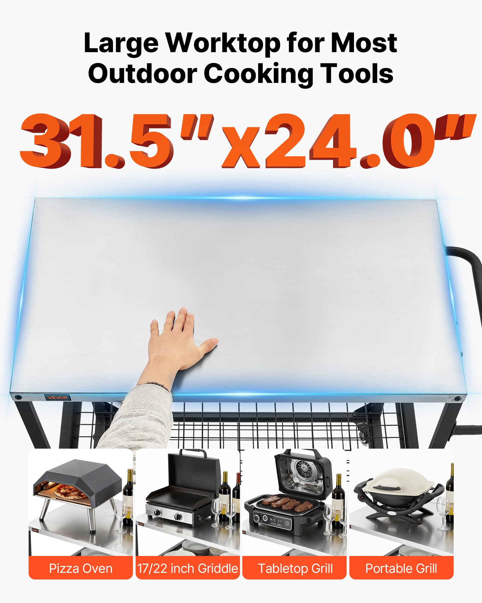 VEVOR Grillwagen Outdoor 80x61 cm (Tischplattengröße), Rollbarer Grilltisch mit seitlichem Griff & 2 Gitterablagen & 4 Rädern, Grillvorbereitungstisch Servierwagen für Picknick Küche Garten