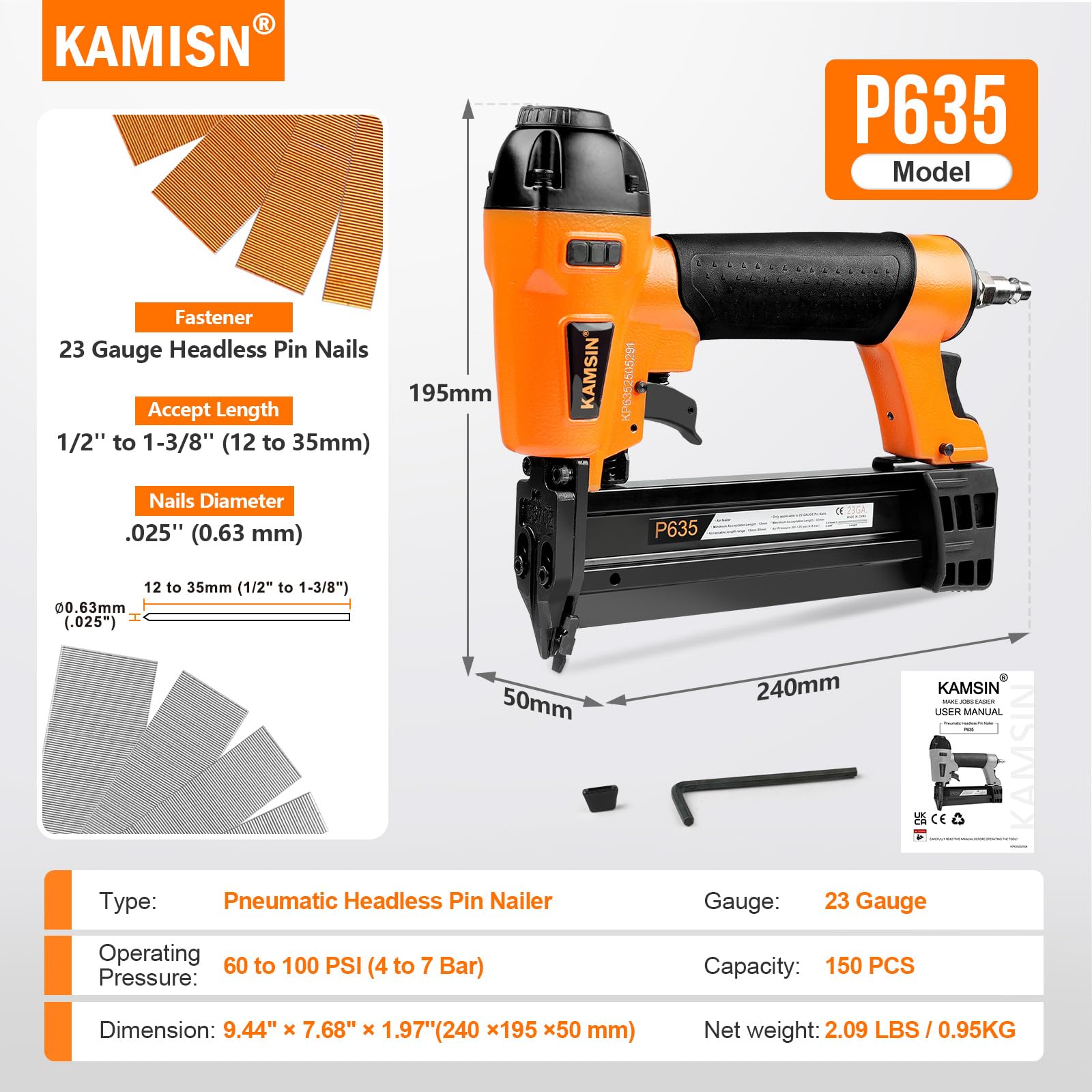 Kamsin P635 Cloueuse pneumatique de calibre 23, accepte les clous à broches de 1,27 cm à 3,5 cm, pistolet à clous pneumatique avec verrouillage de sécurité, pistolet à épingler sans tête pour armoires
