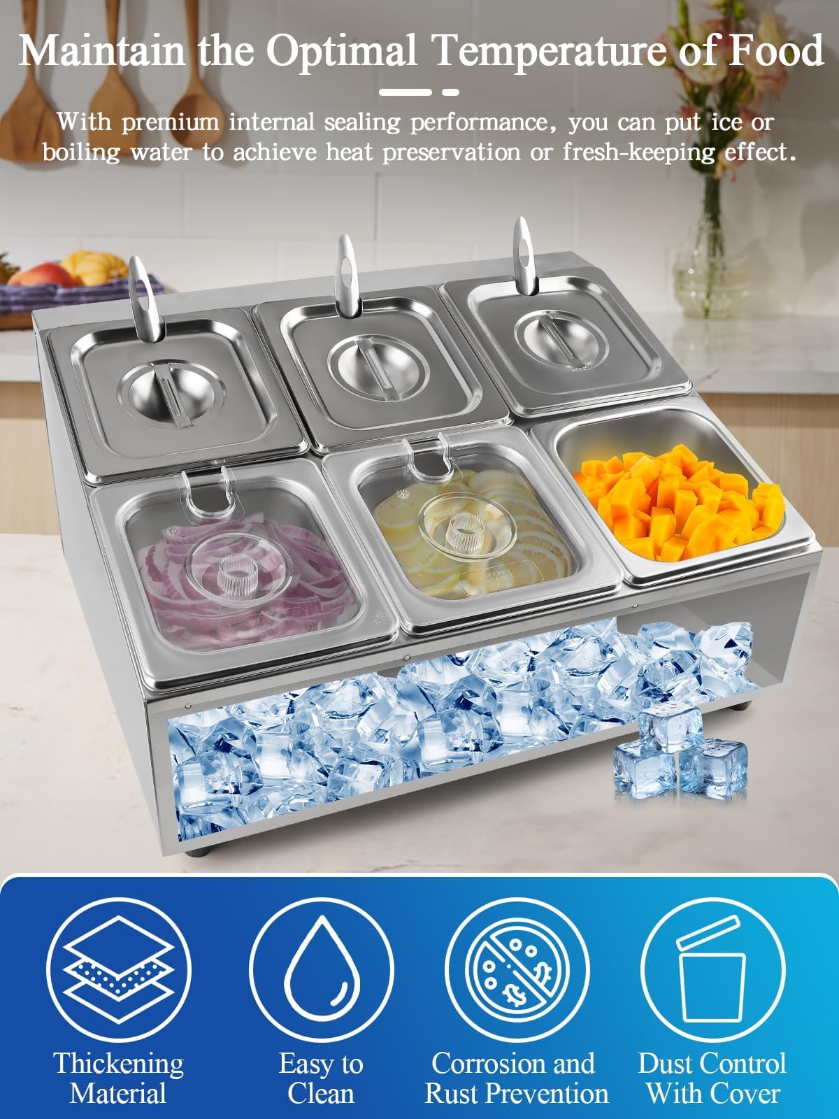 TOROKOM 6 Pfannen Edelstahl Zutatenbehälter Gewürz Organizer aus Edelstahl Salatbar Buffet Station mit Löffeln Kühlboxen Buffet Behälter Set für Soßen Zutaten Küche Restaurant Speisekammer