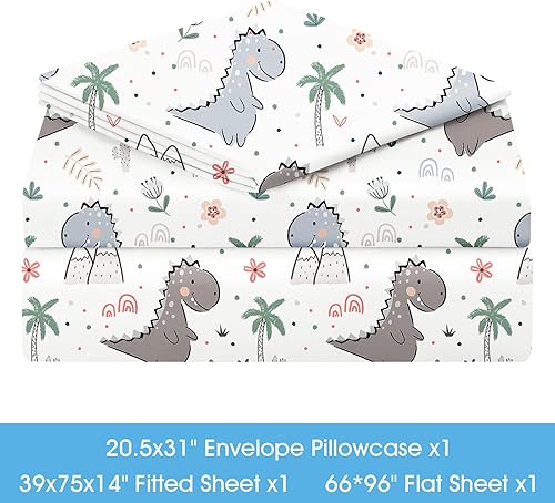 Miniatura 5 de BYSURE Juego de sábanas para cama individual para niños (Dinosaurio, gris), 3 piezas de sábanas de bolsillo profundo de ajuste fácil, ropa de cama