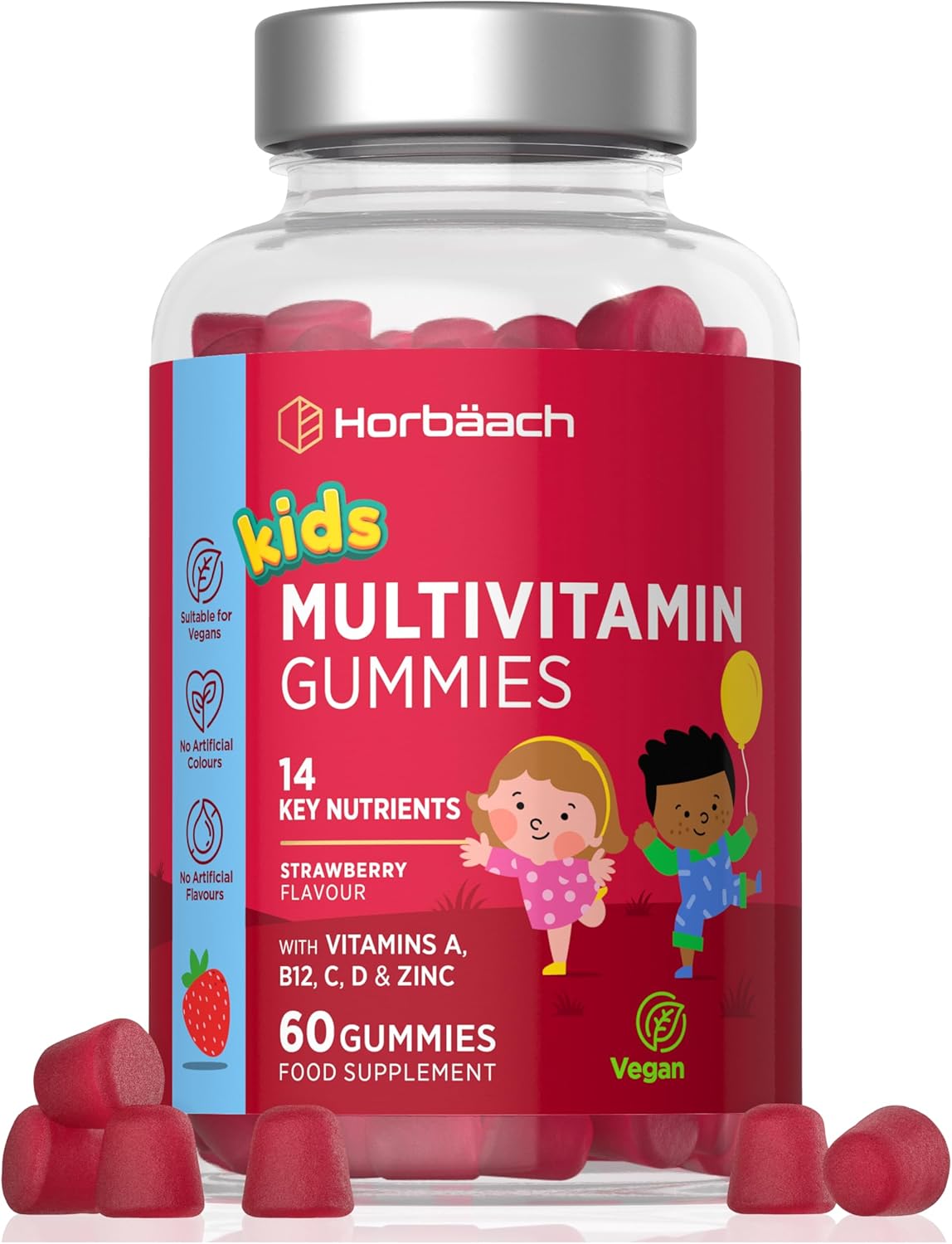Multivitamine Kids Gummies | Kinderen Multivitamin bevat Jodium, Zink, Vitamine C, E, D, B6, B7, B12 & Chroom | Hooggedoseerd | 60 Vegan Gummies | Horbaach