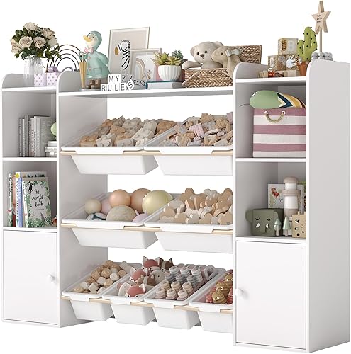 Miniatura 8 de Organizador de almacenamiento de juguetes con 8 cubos de juguetes, organizadores de juguetes para niños y almacenamiento con estante, estantería