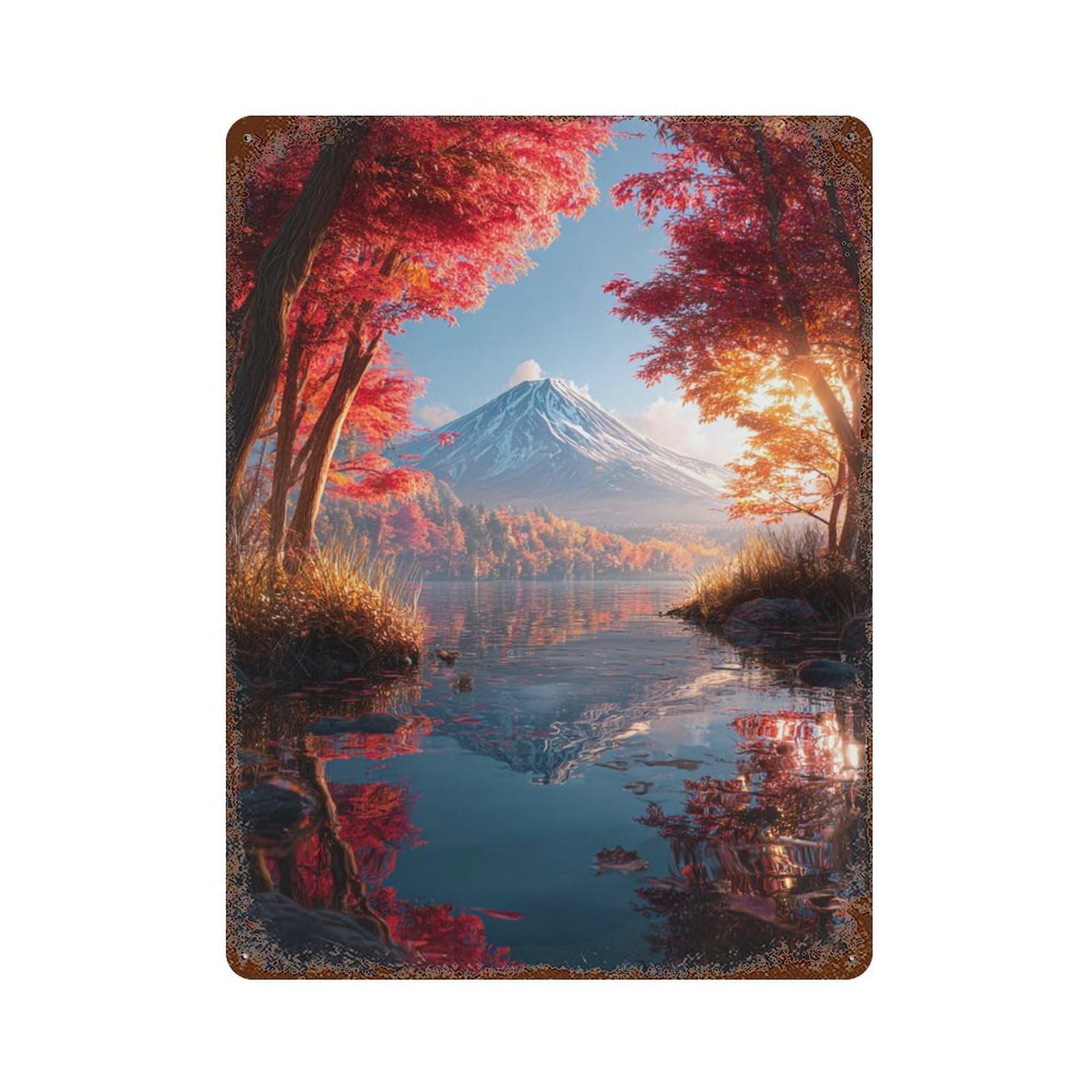 Autumnal Lake Reflections with Mountain View Vintage Rust Metal Sign 15.7"x11.8", Shabby Chic Decor for Shed, Workshop And Garage Wall Decor