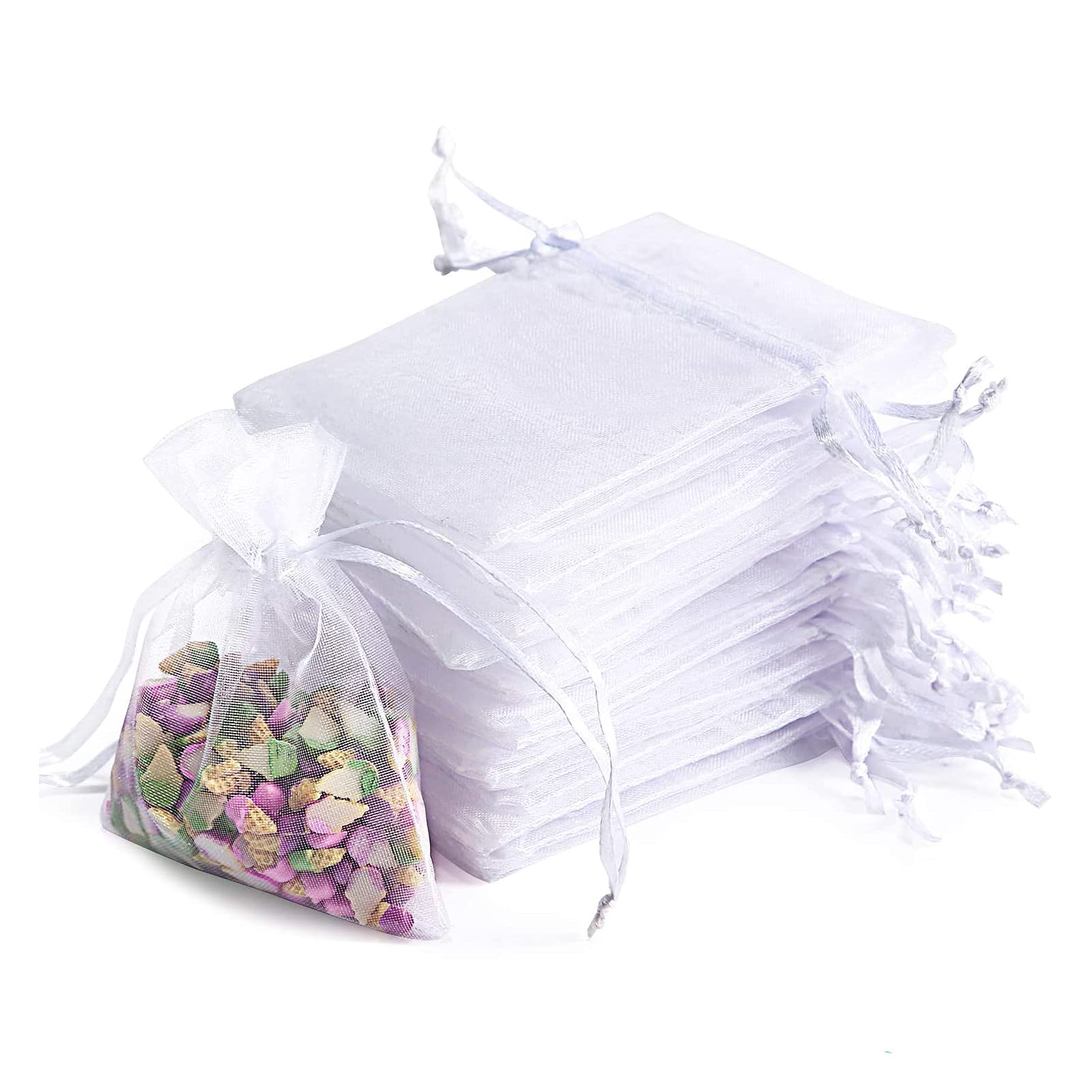 Organza Bag, 50Pcs Hard Yarn Drawstring Jewelry Sack for Wedding Party, White, 10 * 15 cm