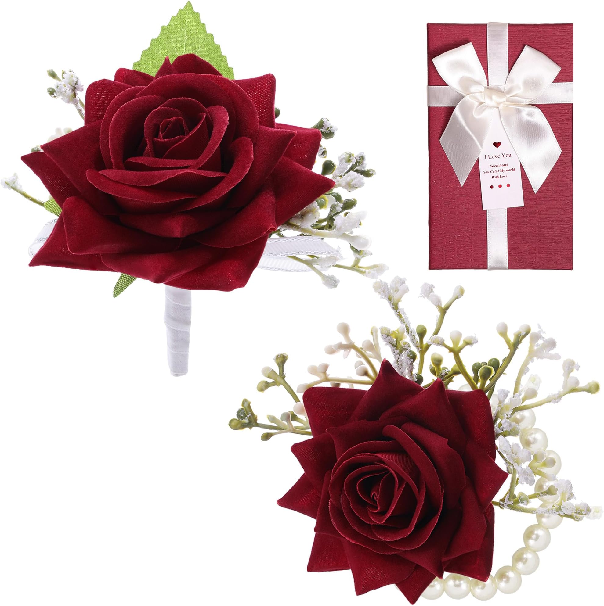 SITUMEIZI 2Pcs Red Rose Corsage and Boutonniere Set Corsage Wristlet Band Bracelet for Prom Decor and Boutonniere for Men Wedding Flowers Accessories Party Suit Ceremony Decoration with Gifts Box