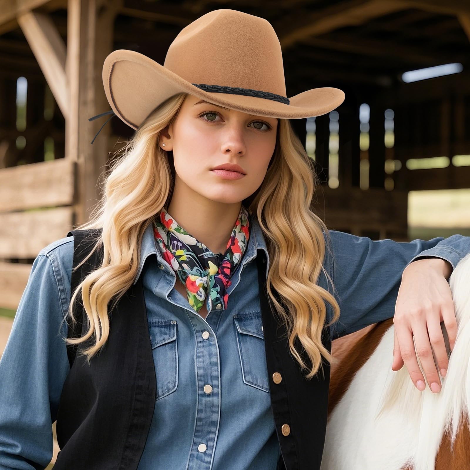 DRESHOW Chapeau de Cowboy pour Femme et Homme Le Rancher Western Chapeau en Feutre Chapeaux Fedora à Large Bord Façonnable Extérieur avec Boucle de Ceinture Rétro Unisexe Chapeau Roulé