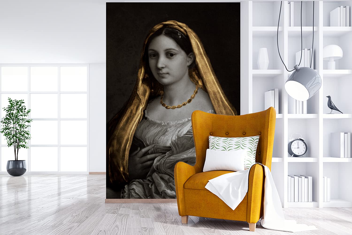 Selbstklebend Tapete Wandpapier Wandaufkleber Fototapete Tapeten Wanddeko 155x240 cm Die verschleierte Frau - Raffaello Sanzio - Gold