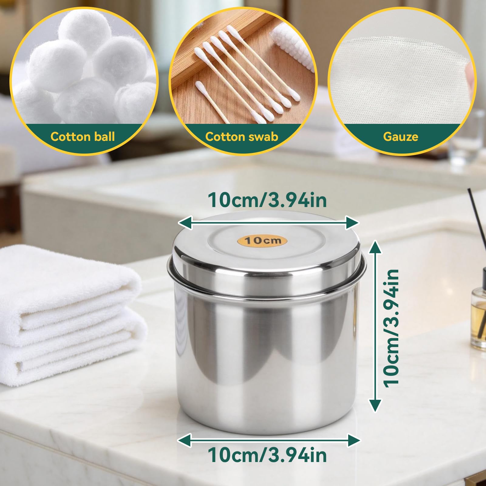 Organizador de almacenamiento para encimera de tocador de baño, caja contenedora de tarro de caja de acero inoxidable con tapa, vaso de bola de algodón para tarro de bote para bastoncillos de algodón