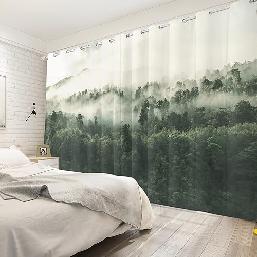 Miniatura 10 de Cortinas opacas de bosque abstracto de 52 x 63 pulgadas, bosque verde, montaña, nubes blancas brumosas, paisaje natural para sala de estar,