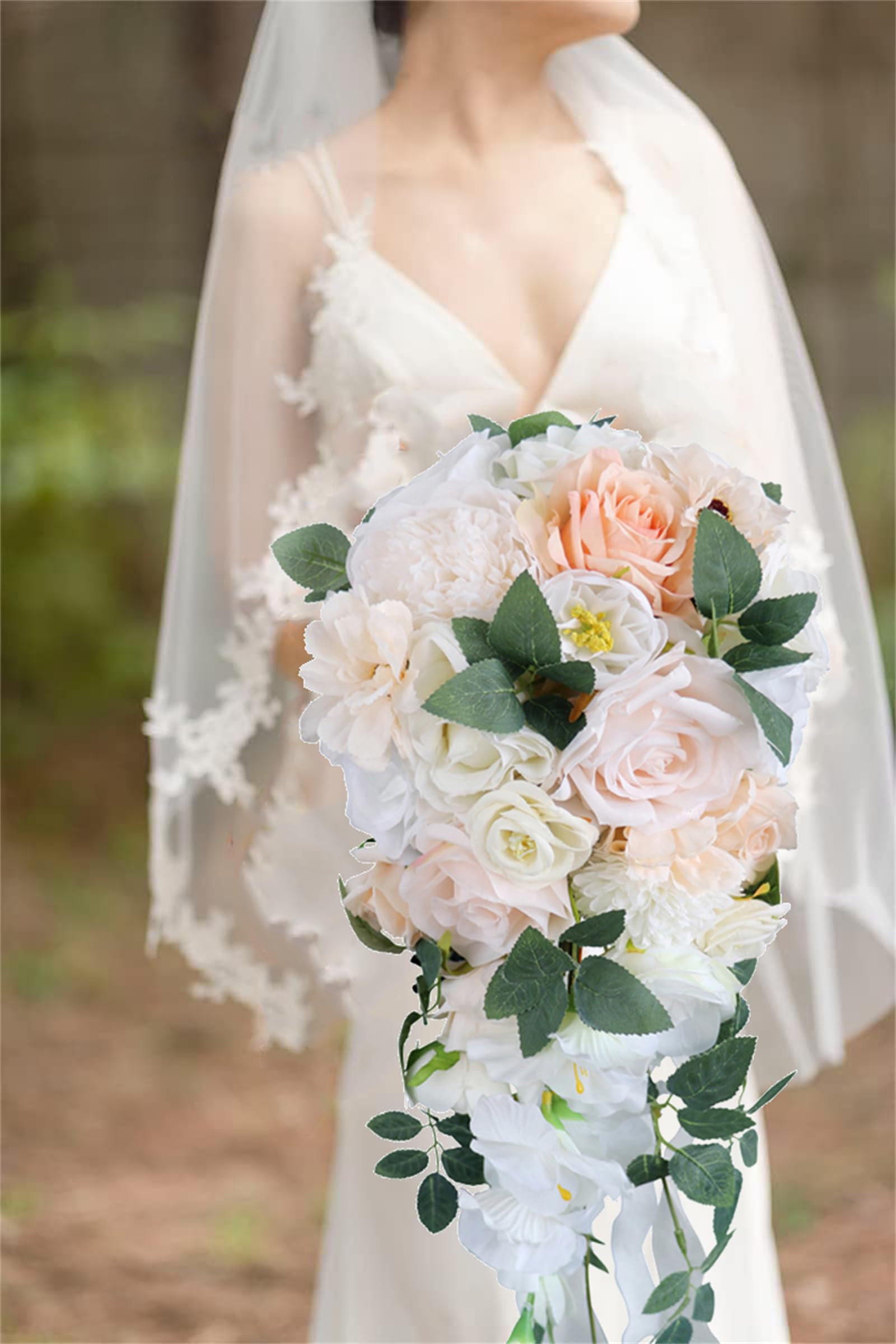CHAKEUZND Bridal Wedding Bouquets， 9 Inch Bride Silk Flowers, White Rose Water Drop Bridal Bouquet Artificial Flowers Bouquets for Wedding Ceremony Bridal Shower Party