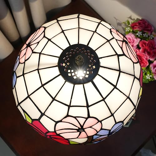 Miniatura 9 de wecrejoni Lámpara Tiffany pequeña de flores rojas, lámpara de mesa de vitral, 12 x 12 x 18 pulgadas, estilo escritorio, luz de lectura, decoración