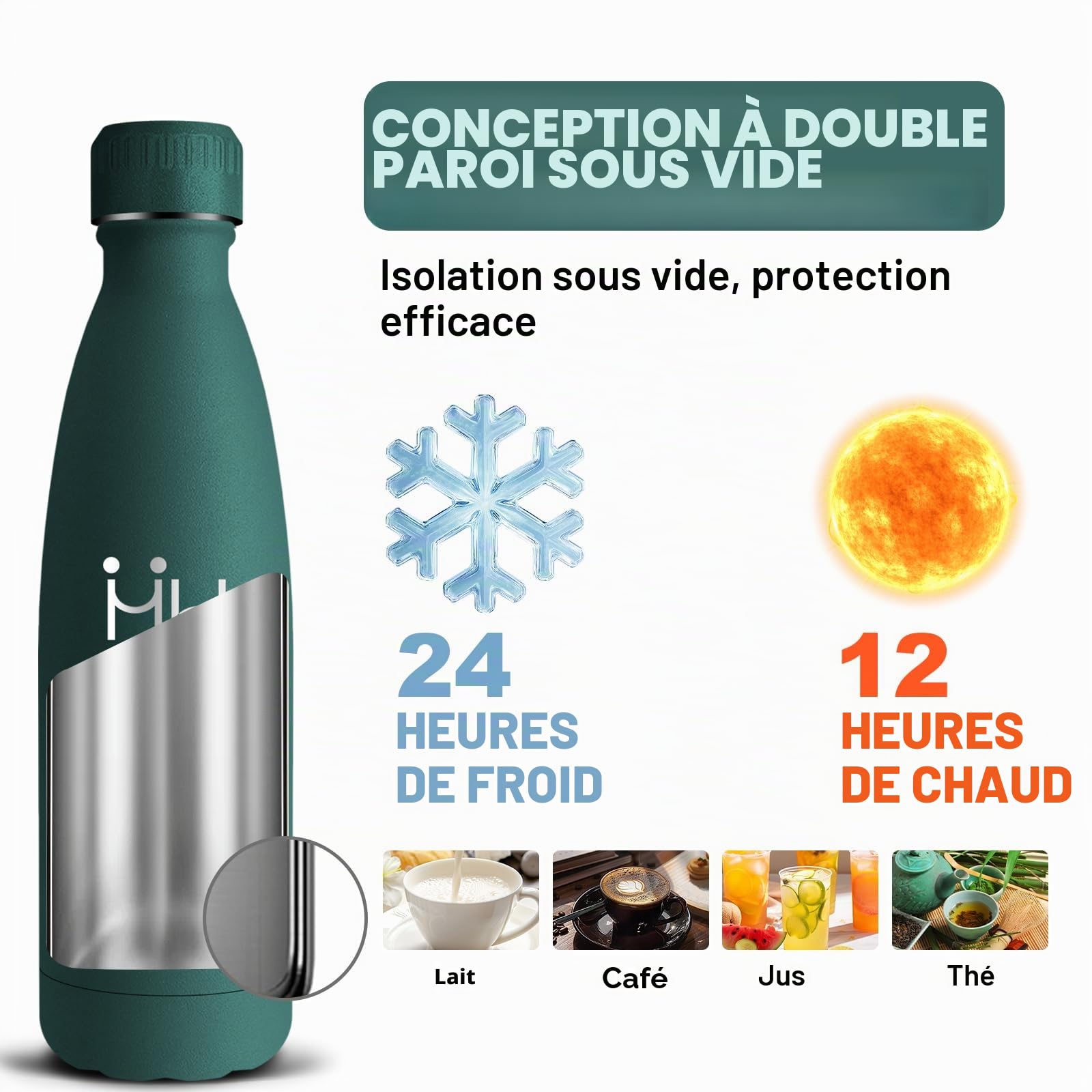 Gourde Isotherme, Gourde 500ml, Bouteille Inox, 24h Froid & 12h Chaud, Acier Inoxydable 18/8, Bouteille Metal, Facile à Transporter, Bouteilles Isothermes pour l'École, Bureau, Voyage