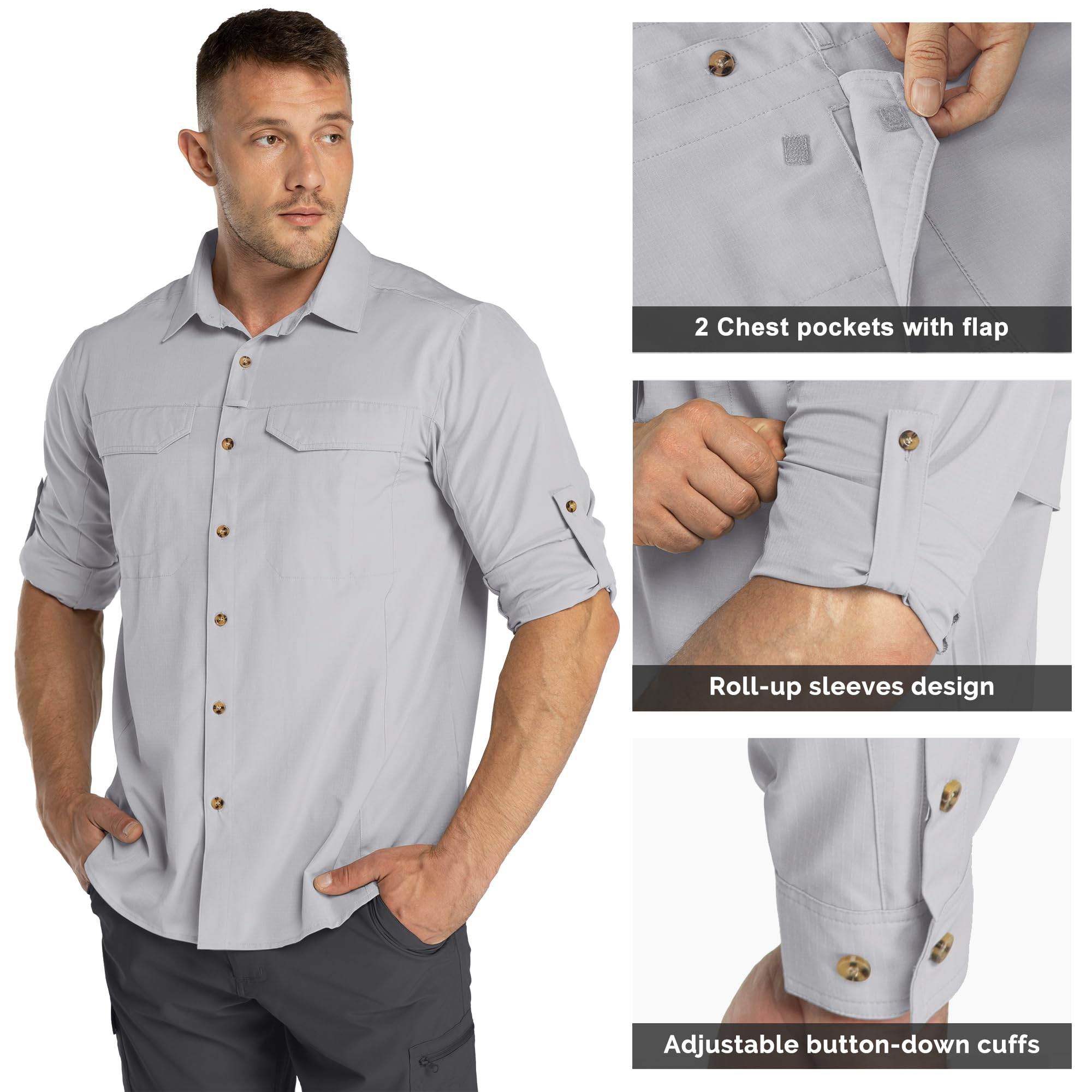 33,000ft Camisas de senderismo de manga larga para hombre, ligeras, de secado rápido, protección solar UV UPF 50, camisa de pesca, safari al aire libre, viajes
