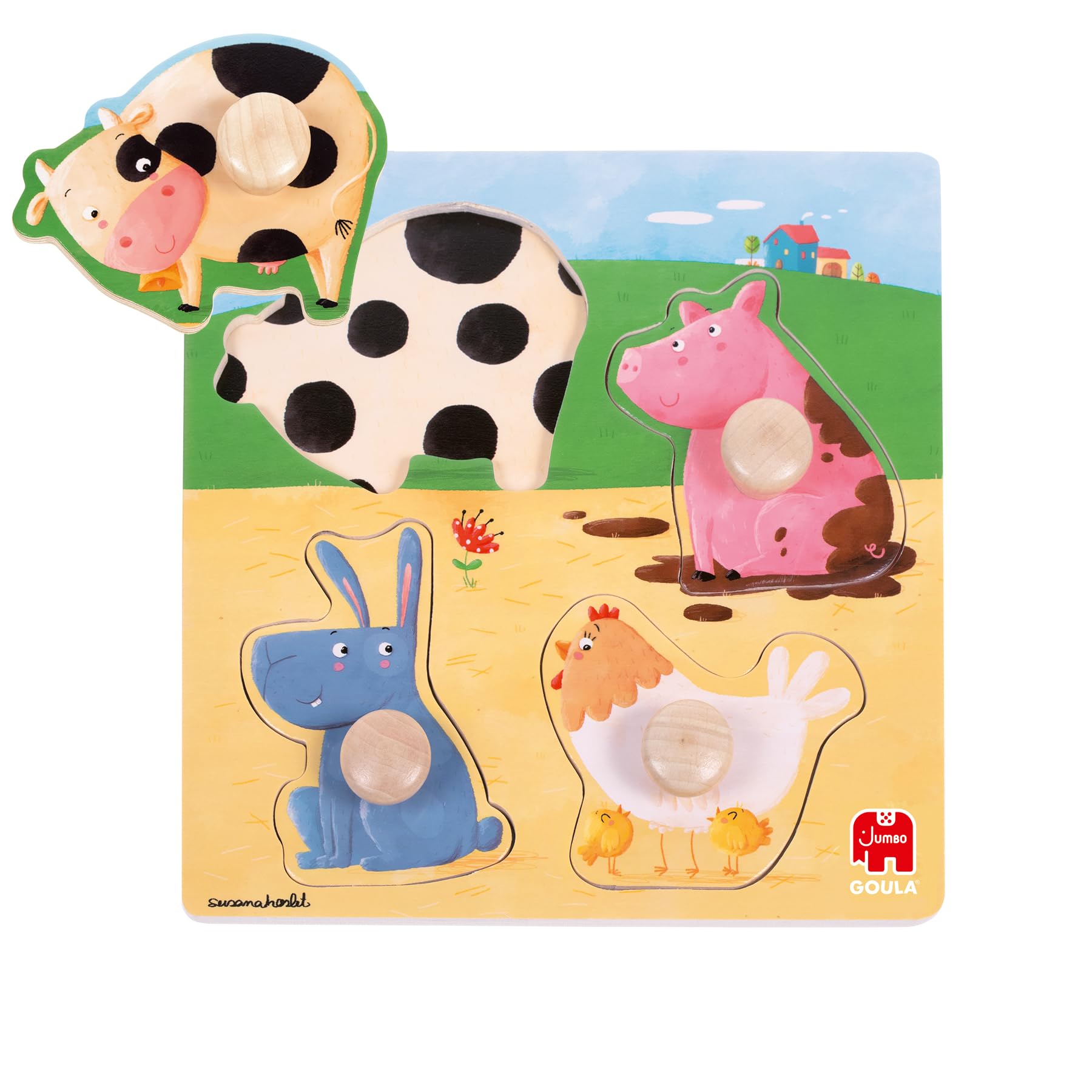 Goula - Puzzle animales granja color, Encajable de madera a partir de 1 año
