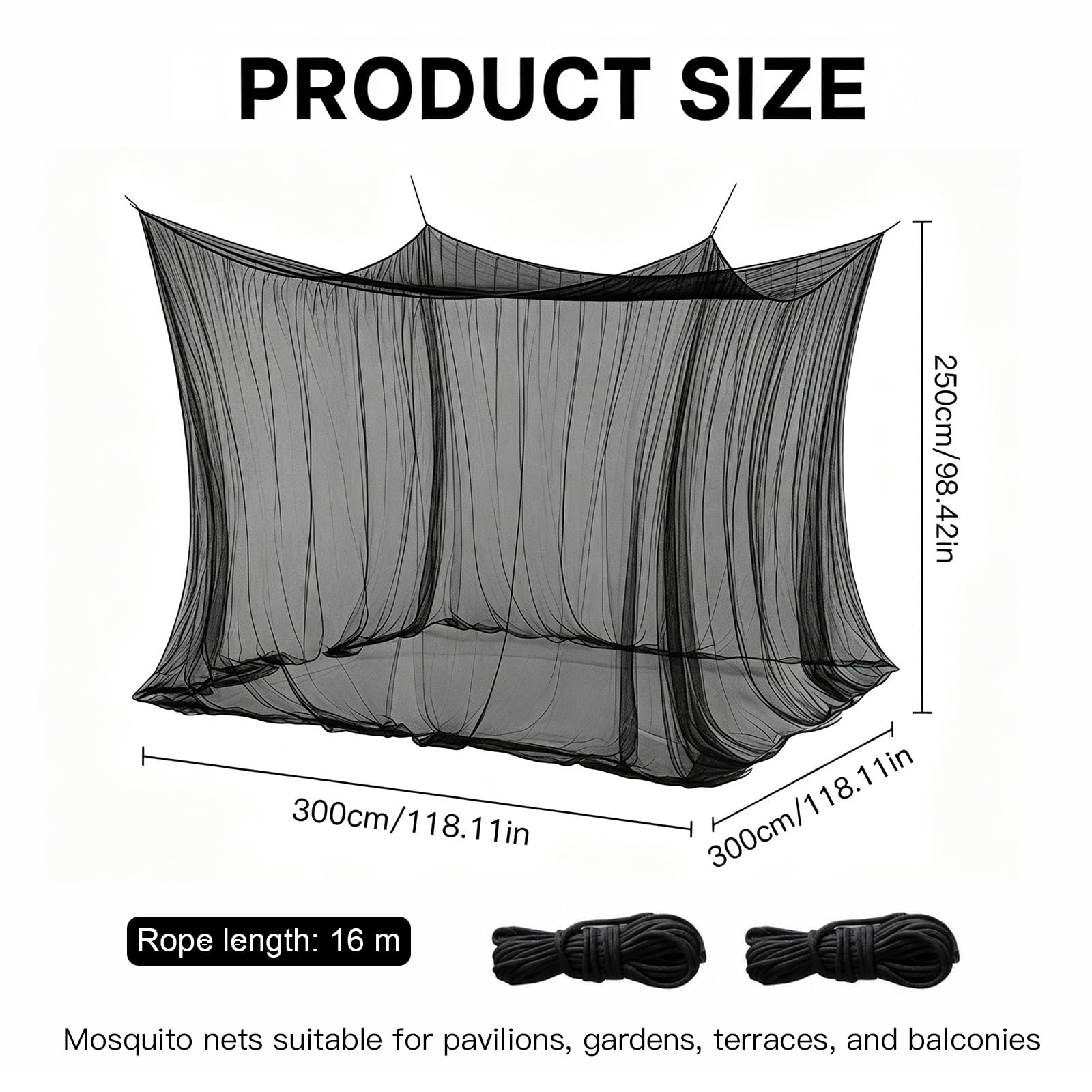 Moskitiera 300 x 300 x 250 cm, moskitiera podróżna, do użytku na zewnątrz, łóżko podwójne, przenośny zamknięty namiot kempingowy, moskitiera do użytku na zewnątrz, do ogrodu, na balkon, taras (czarna)