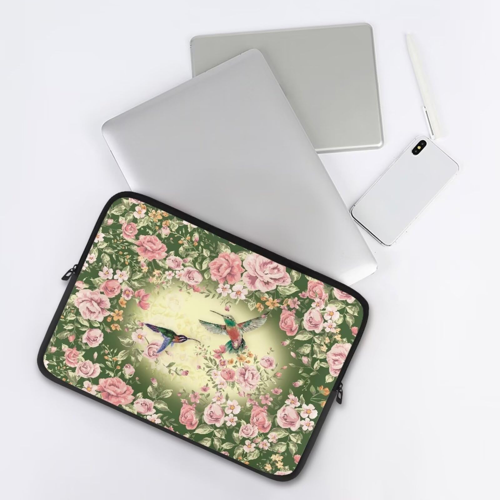 Funda protectora para ordenador portátil de 12 pulgadas con estampado de rosas rosas y colibríes con cremallera