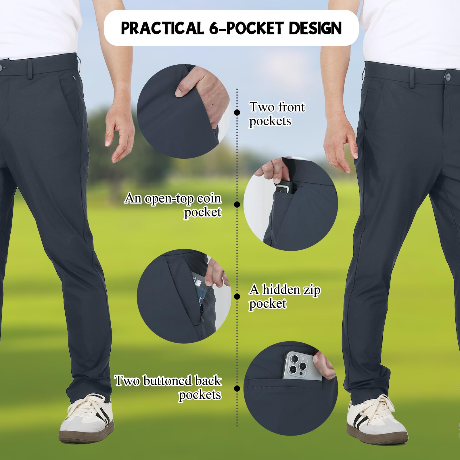 Pantalones de golf de corte clásico para hombre, elásticos, transpirables y de secado rápido, con cintura de agarre de silicona y bolsillos para una comodidad óptima en el campo de
