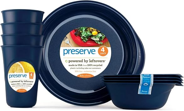 Preserve Reusable BPA Free Everyday Tableware Set Made from Recycled Plastic 4 Plates, 4 Bowls, 4 Cups, Midnight Blue