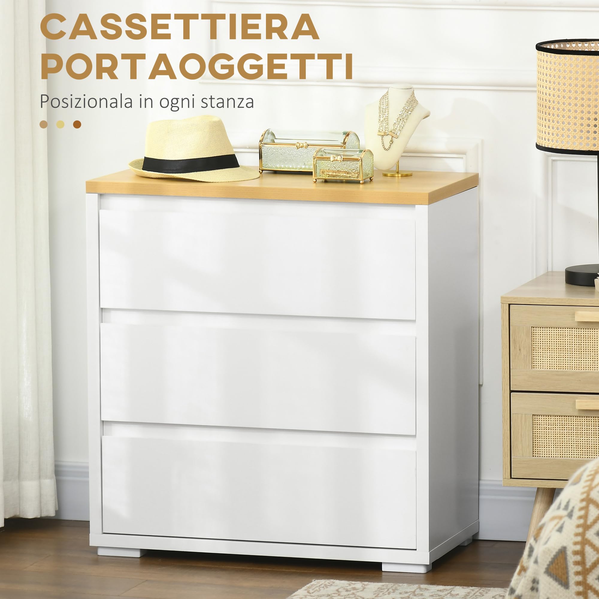 HOMCOM Cassettiera a 3 Cassetti in Truciolato Bianco per Camera da Letto, Studio e Soggiorno, 70x37x75cm