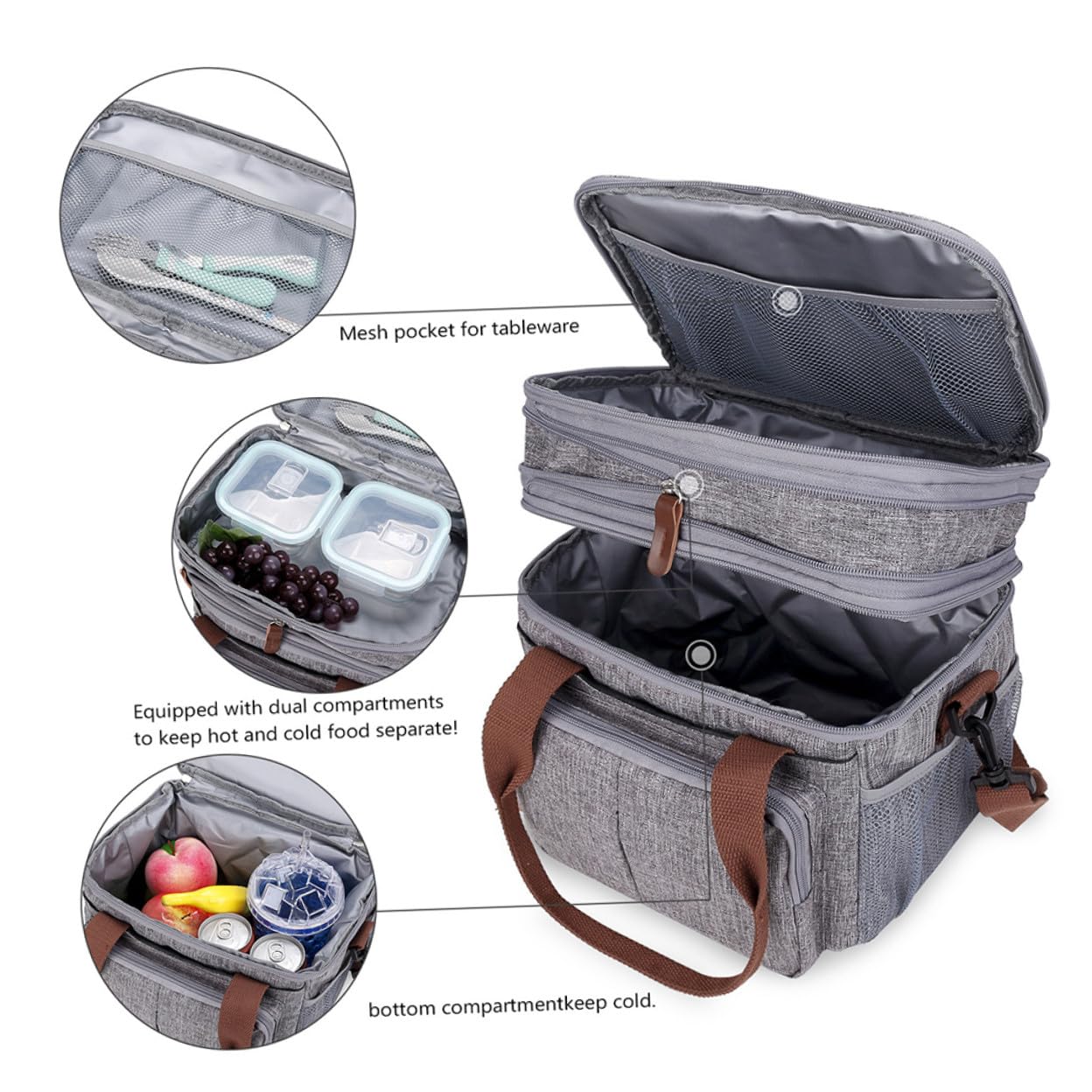Bolsa Almuerzo Aislada Grande con Aislamiento Térmico para Picnic Oficina Escuela Portátil con Bolsillos Laterales de Malla Gris
