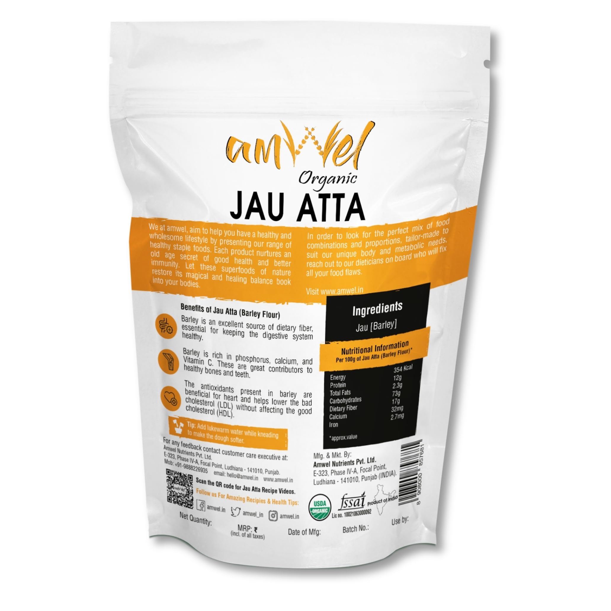 Amwel Combo of Oats Atta 450g + Jau Atta 450g | Oats Flour + Barley Flour | Diabetic Friendly Low GI Fiber Atta for Chapati | Helps Weight Manage | For Good Health | 900g | Vacuum Packed - Image 8 thumbnail