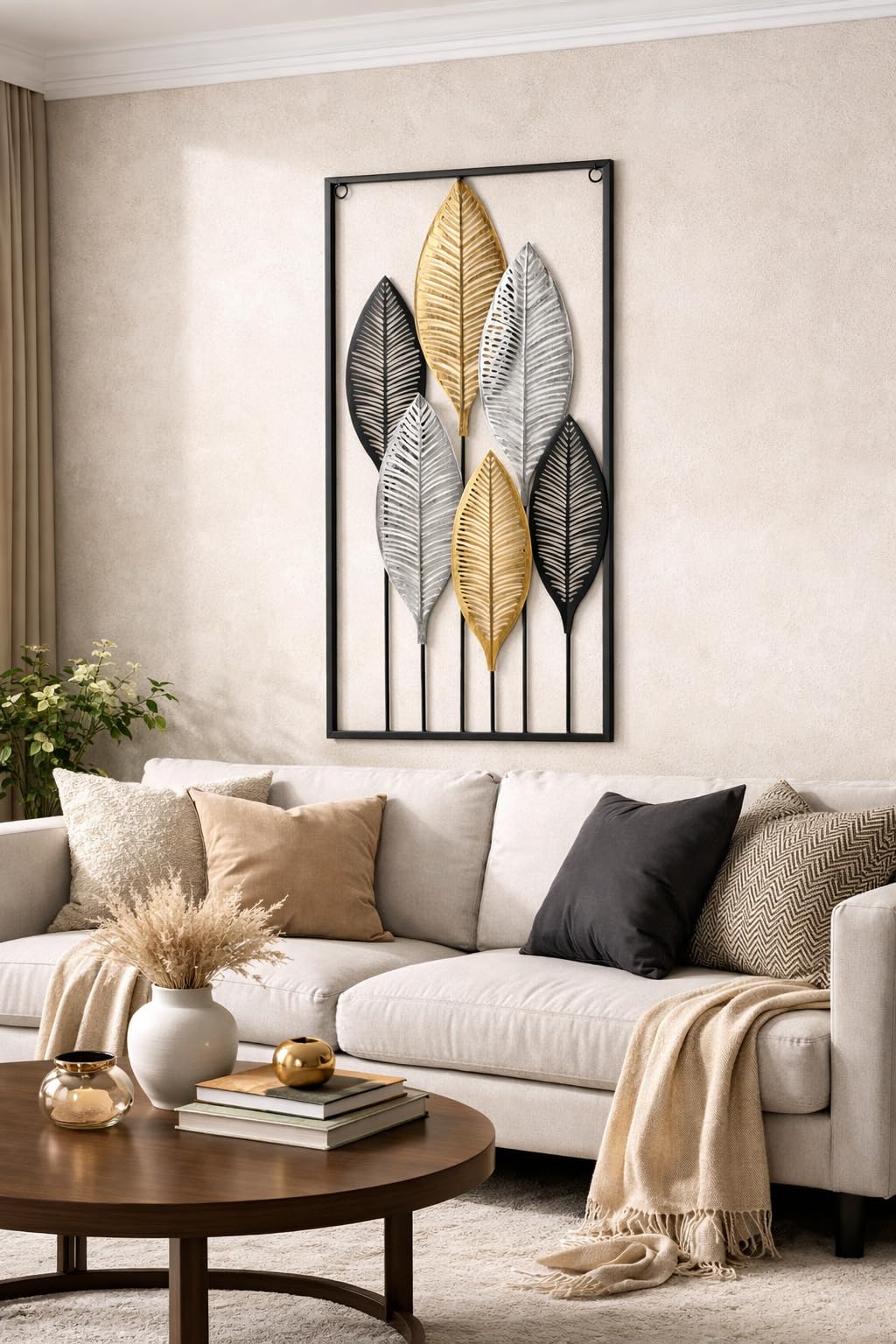 Generisch Wanddeko Metall Modern – Deko für Wohnzimmer, Schlafzimmer & Flur – Elegante Dekoration mit Blätter Design – Hochwertige Wanddekoration – Stilvolle Wandkunst (64,7 x 37,3 cm)