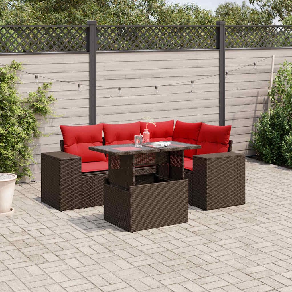 Set Divani da Giardino 5 pz con Cuscini Marrone in Polyrattan Resistente per Esterno, Lounge Modulare per Relax e Conversazione in Terrazza Balcone Patio Veranda