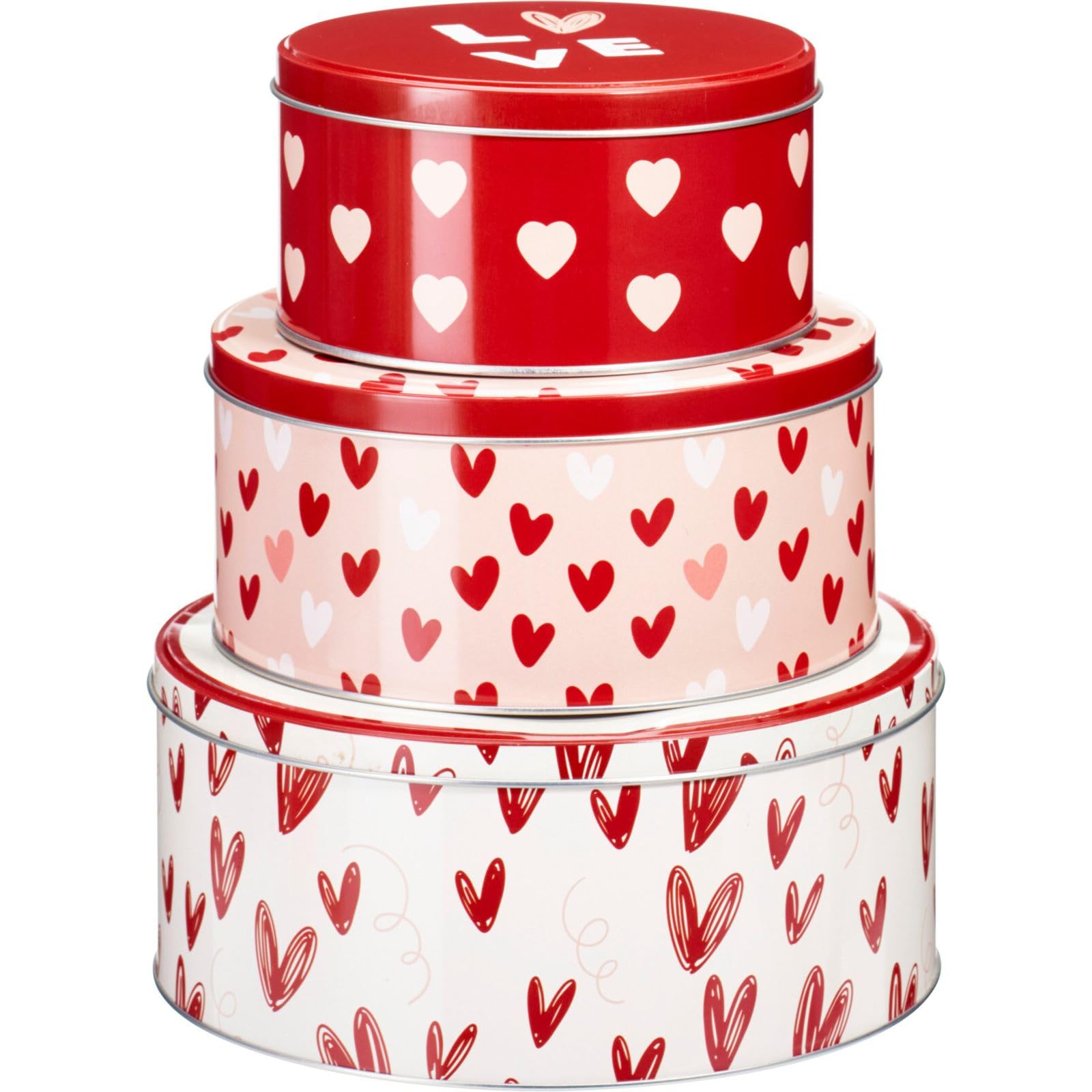 Carousel Home Set of 3 Heart Design Nesting Tins, Round Fairy Cake Storage Tins, Biscuit Cookie Muffin Stackable Kitchen Storage Tins