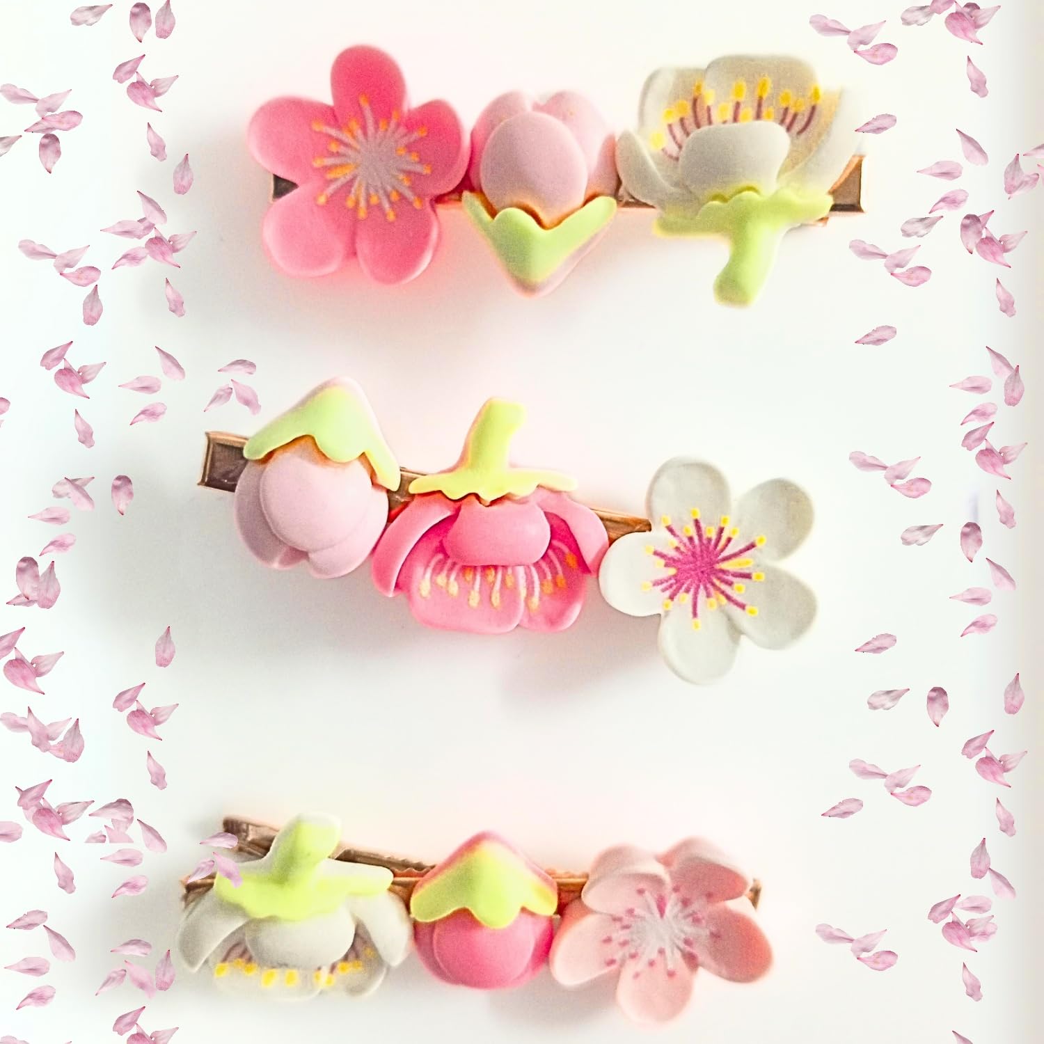 2U2 3 Pcs Cute Cherry Blossom Resin Pink Flower Side Hair Clips