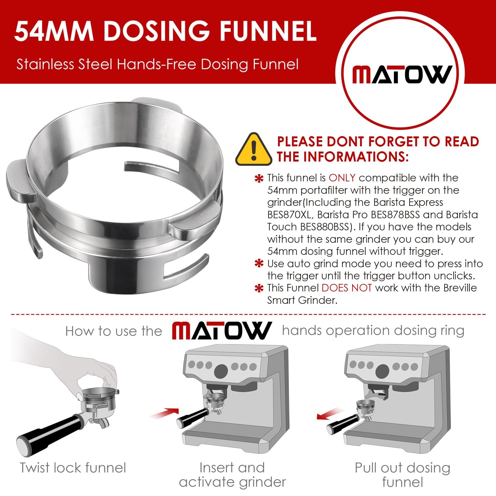 Hands-Free Dosing Funnel, MATOW 54mm Dosing Funnel with Grinder Trigger Compatible with Breville 54mm Portafilters - Image 4
