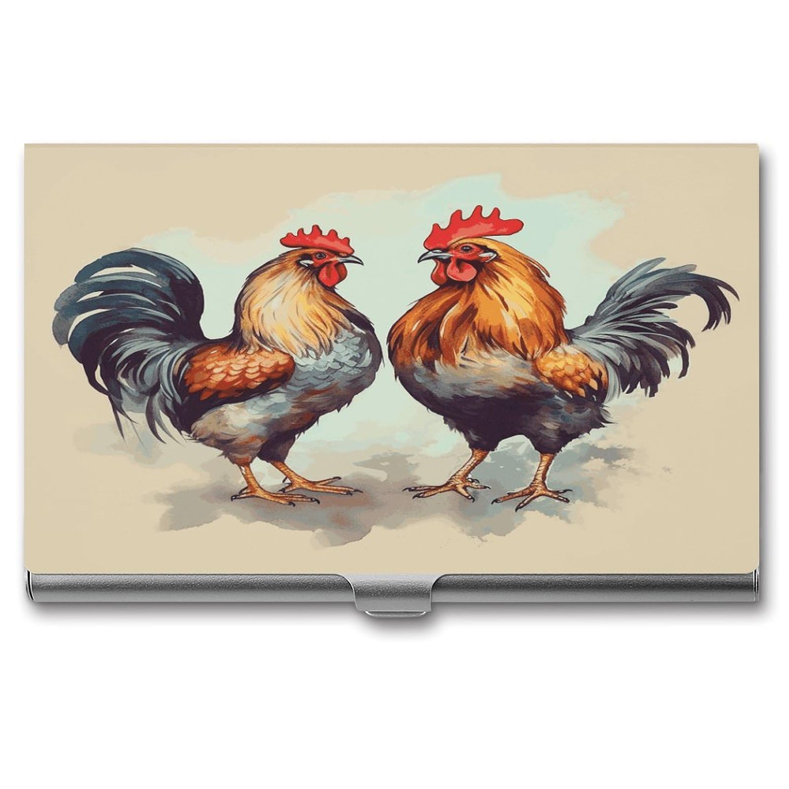 LDGSUPH Rooster And Hen Business Card Holder Fashion Slim Name Card Holder Minimalist Design Case Metal Card Carrier Personalized Business Card Case with Flip for Men Women