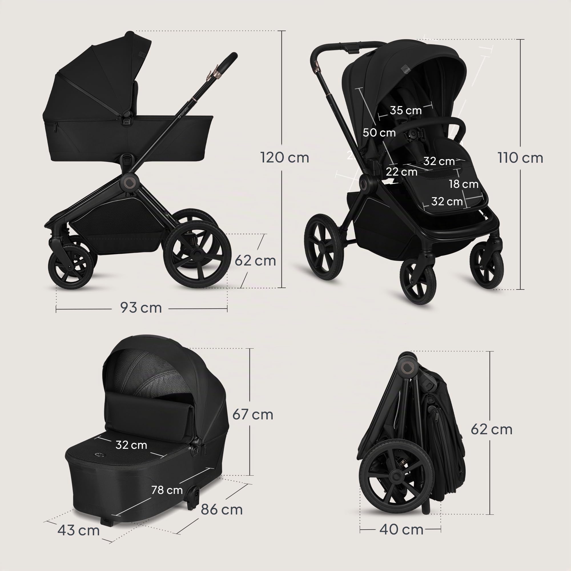 Lionelo Freya Carro Bebe 3 Piezas Carrito de Bebe 3 en 1 (0-4 Años, Hasta 22 Kg), Plegable Capazo, Silla y Silla de Coche I-Size 40-87 Cm, Suspensión, Ruedas PU, Capota UPF50+, Cochecito Bebe