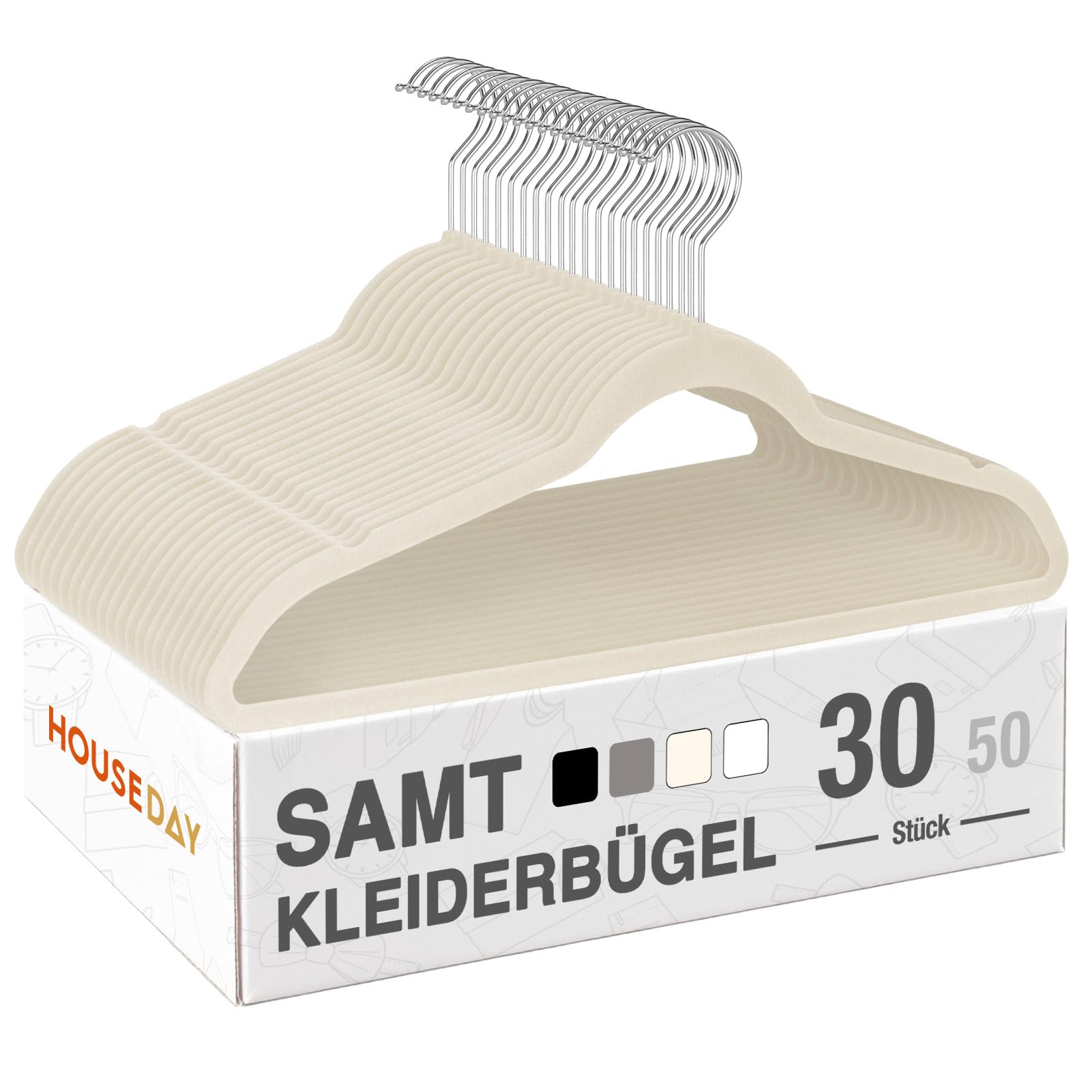HOUSE DAY Kleiderbügel Samt 30er Set, Kleiderbügel Platzsparend, Bügel rutschfest und Samtbügel Schmal mit 360° Drehbarer Haken, für Hemden, Anzüge, Mäntel, Pullover, Hosen, Beige
