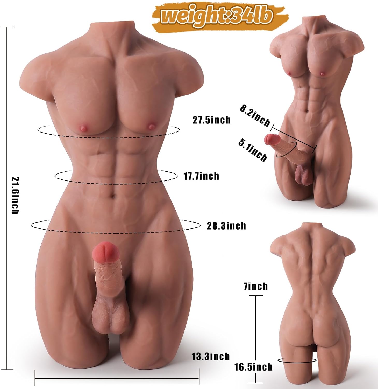 Male Sex Doll for Women with 8in Flexible Huge Dildo, Realistic 3D Muscular Men Adult Sex Dolls Torso with Tight Anal,Life Size Male Torso Sex Doll Full Body for Men Gay Couple,Big Penis Sex Toy