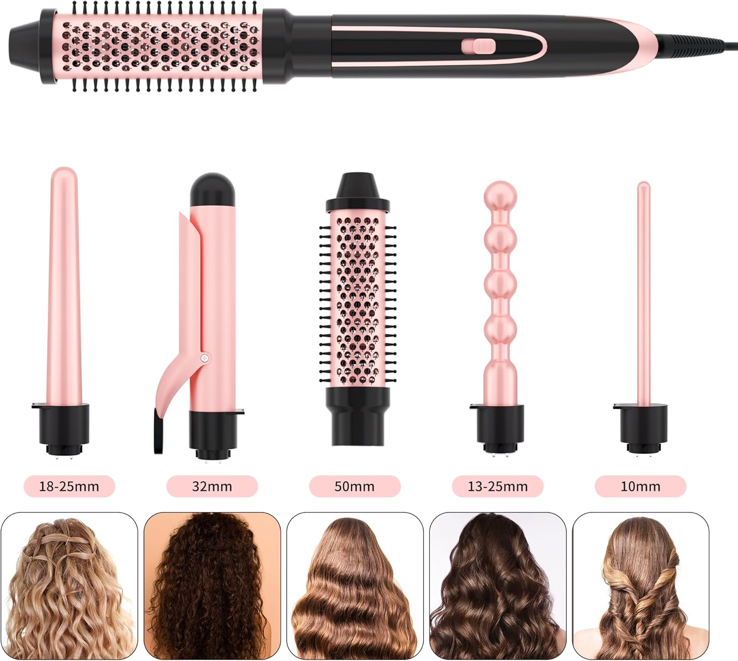 5 in 1 Curling Iron Set with Instant Heat Up, Dual Voltage, 4 Interchangeable Ceramic Curling Wands, Curling Brush, Heat Protective Glove & 2 Clips (Curling Iron 0.3-1.5") - Image 4