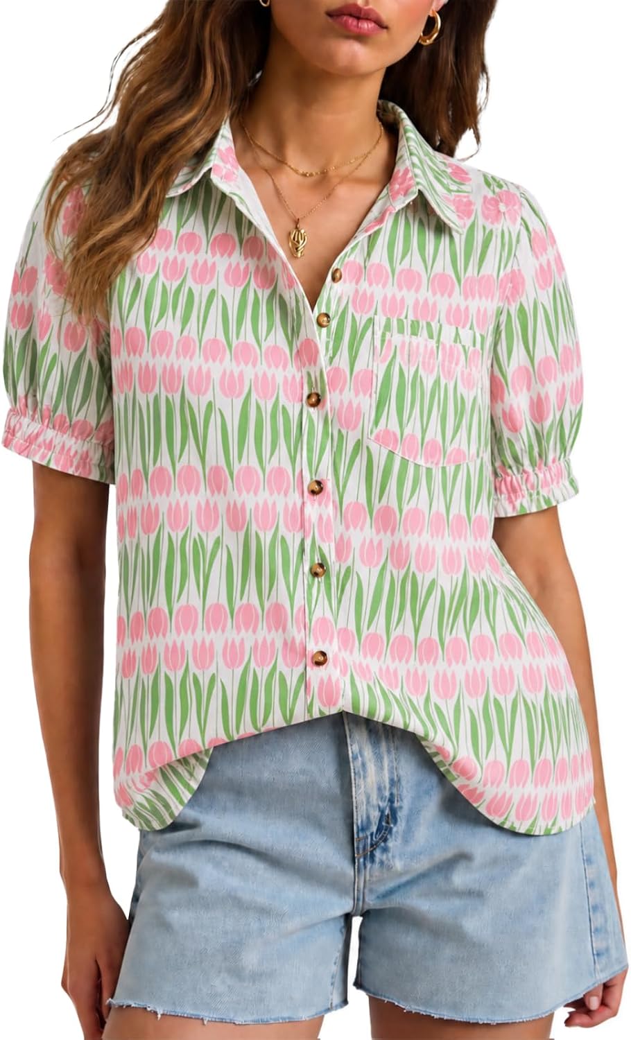 Cicy Bell Womens Puff Short Sleeve Button Down Shirts Summer Casual Collared V Neck Blouse Linen Loose Fit Work Tops