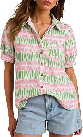 17% off: Cicy Bell Womens Puff Short Sleeve Button Down Shirts Summer Casual Collared V Neck Blouse …
