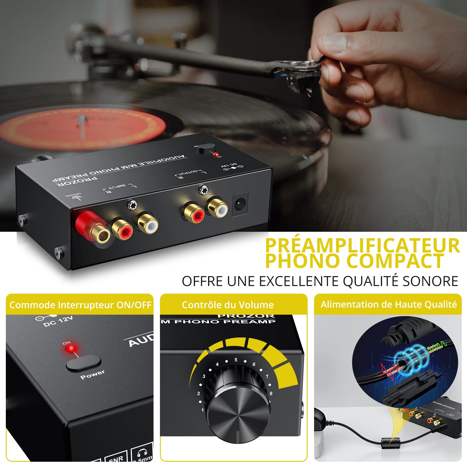 PROZOR Préamplificateur Phono Conversion du Signal L/R Ampli pour Platine Vinyle Commutateurs de Puissance à Faible Bruit avec Interrupteur d'alimentation (PRR021)