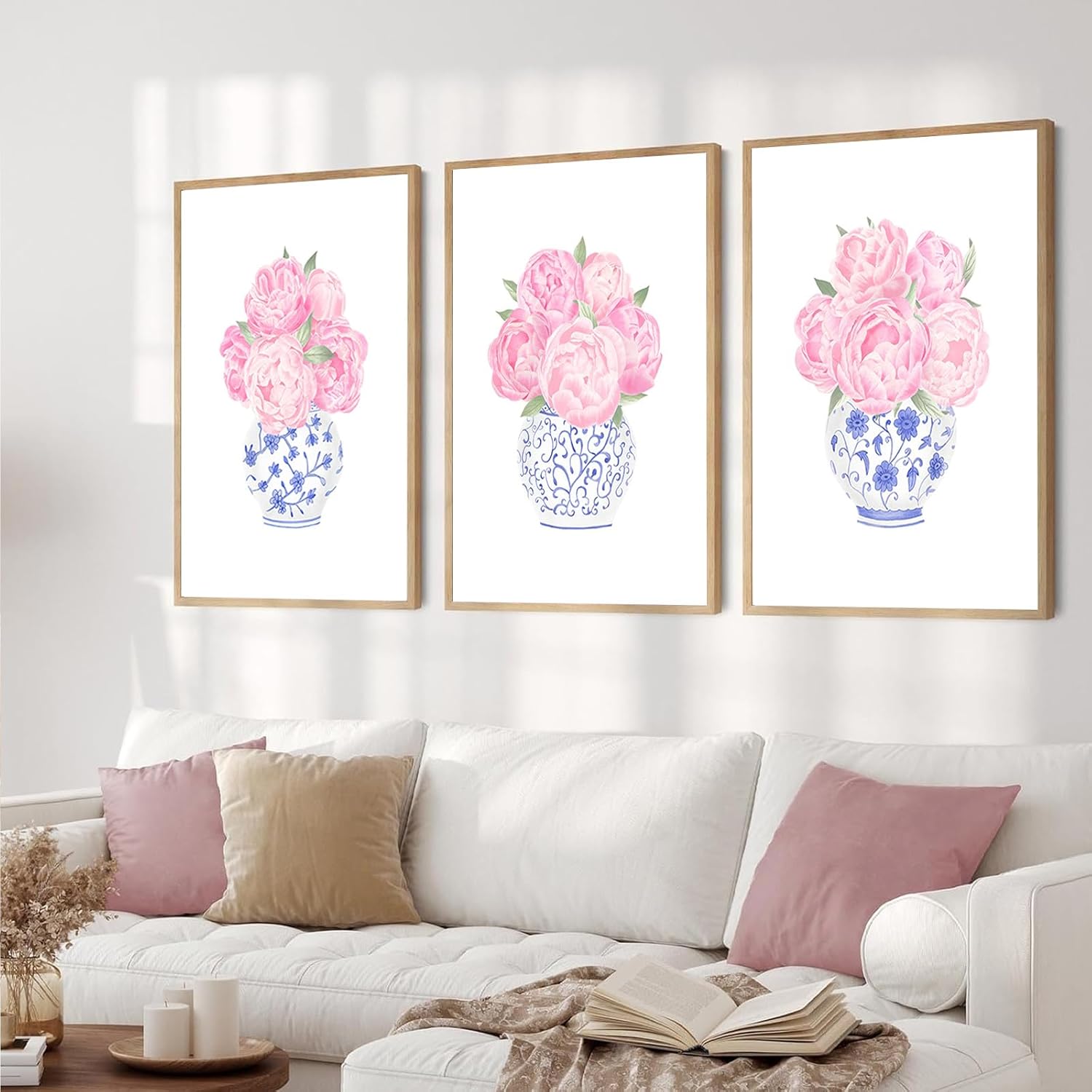3pcs Pink Peonies Floral Wall Art Chinoiserie Blue And White Vase Wall Decor Pictures Preppy Aesthetic Canvas Posters Prints for Dorm Apartment Woman Bedroom Decoration Unframed (Posters, 16x24in)