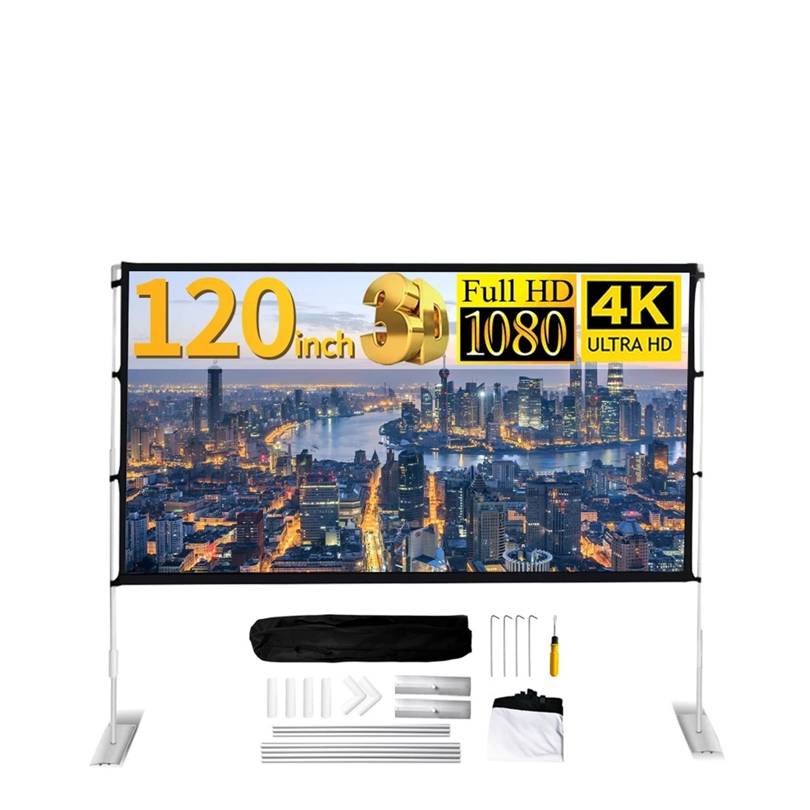 Myuyee 16:9 Projector 120 Inch Outdoor Portable Foldable Bracket Screen Home Ktv Office 3D Hd Movies Projection Screen Gaming, Office