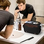 Wedama Sac de toilette pour hommes, Sac de salle de bain de voyage à suspension moyenne, Sac d'organisateur électronique supplémentaire PU Poignée pour Voyages d'affaires Camping de natation, Noir+ Brun