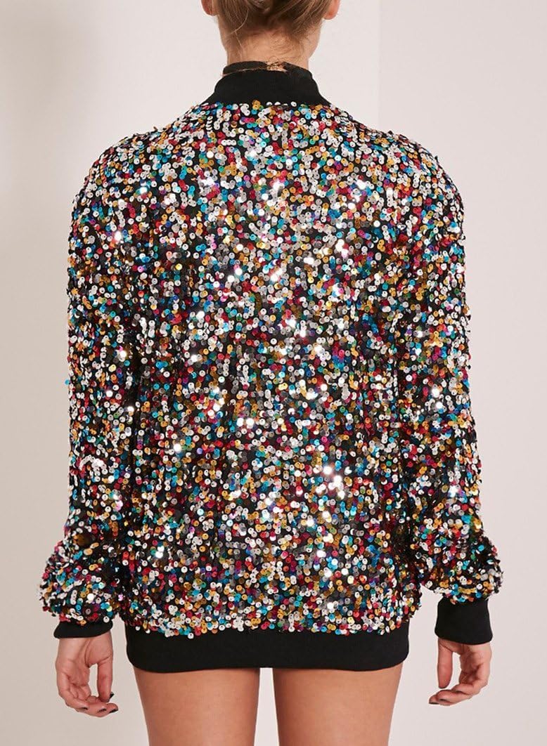Blouson aviateur à paillettes colorées pour femme – Blazer à paillettes brillantes à paillettes avec fermeture éclair à l'avant – Manteau tendance pour concert, fête, Noël, danse, multicolore