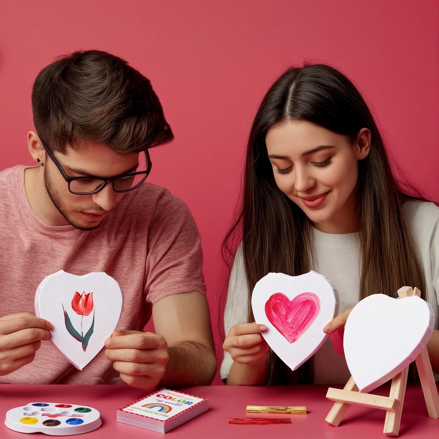 Marspark 30 Set Valentine's Gift Mini Painting Set Heart Shape Canvas Wooden Easel, Watercolor Paint and Brush Kit with Valentines Cards for Exchange Gifts Party Favor Art Supplies Beginner Painting