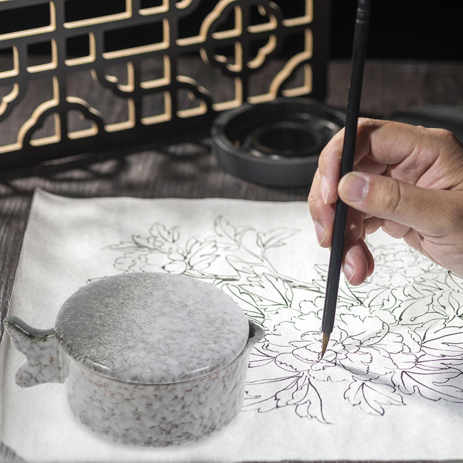 ibasenice Keramisches Tintenfass mit Deckel und Stifthalter Stabiles Kalligrafie Tintenfass aus Keramik Multifunktional für Chinesische Tuscheplatten und Kalligraphie